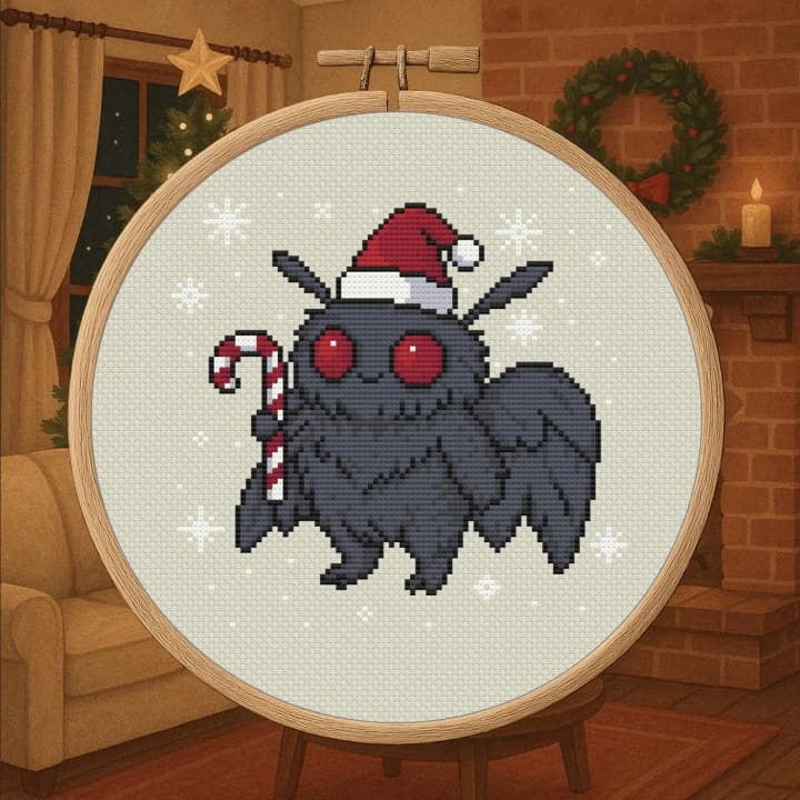 Christmas Mothman – Cute Cryptid Holiday cross-stitch pattern preview