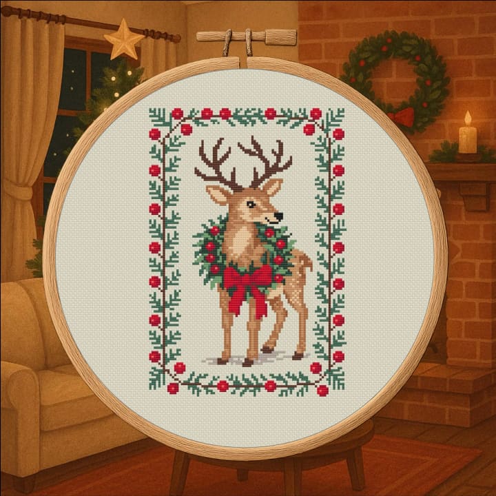 Christmas Woodland Deer – Holiday Deer Cross Stitch cross-stitch pattern preview