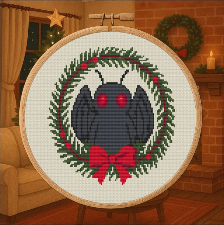 Christmas Wreath Mothman – Holiday cross-stitch pattern preview