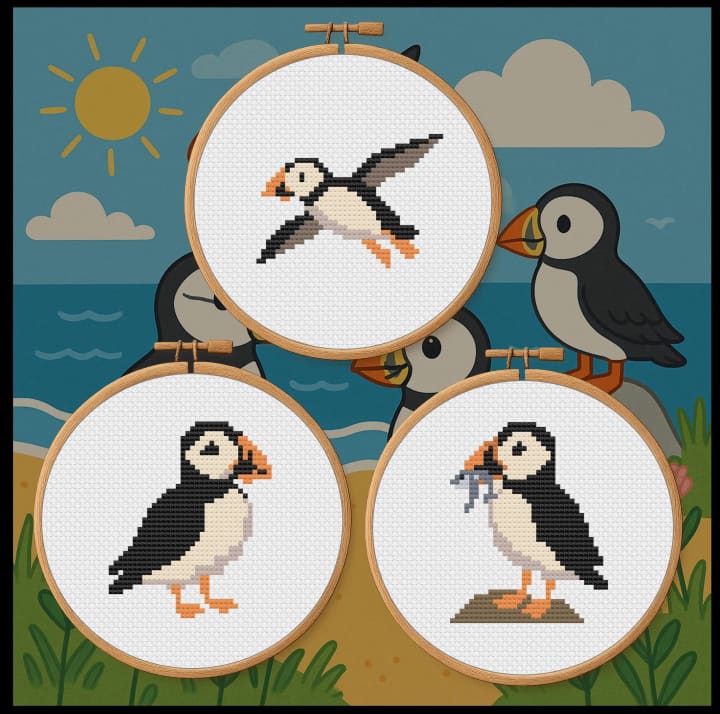 Coastal Cuties Trio – 3 Patterns – Puffins – Bundle cross-stitch pattern preview