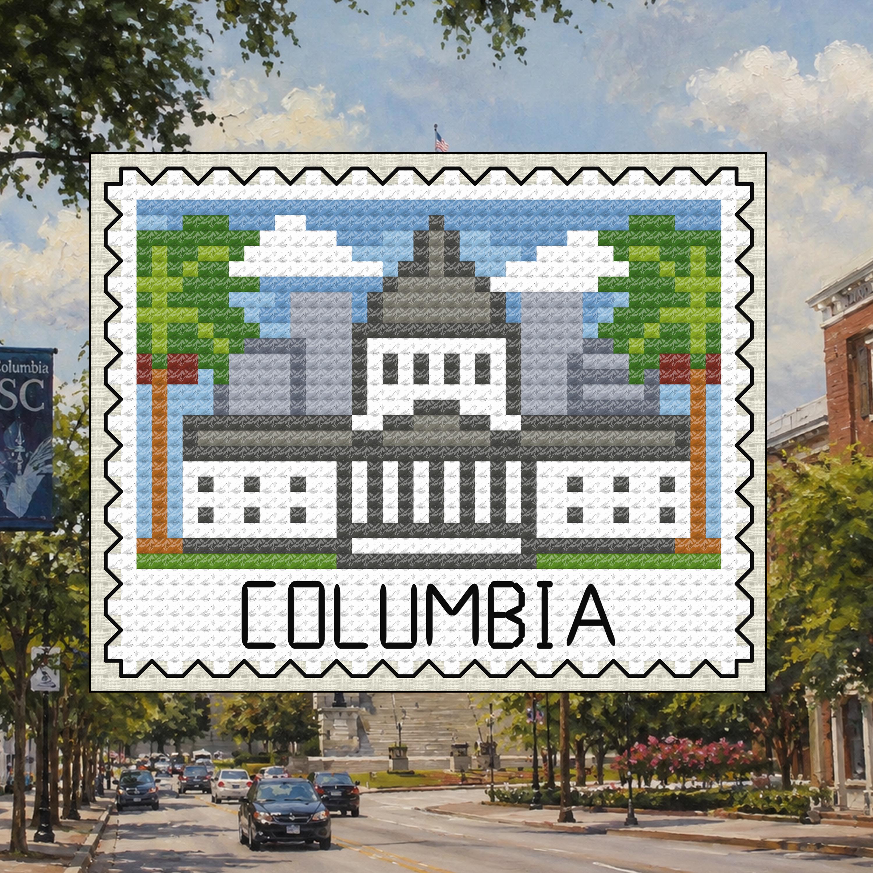 Columbia Stamp - South Carolina State House cross-stitch pattern preview