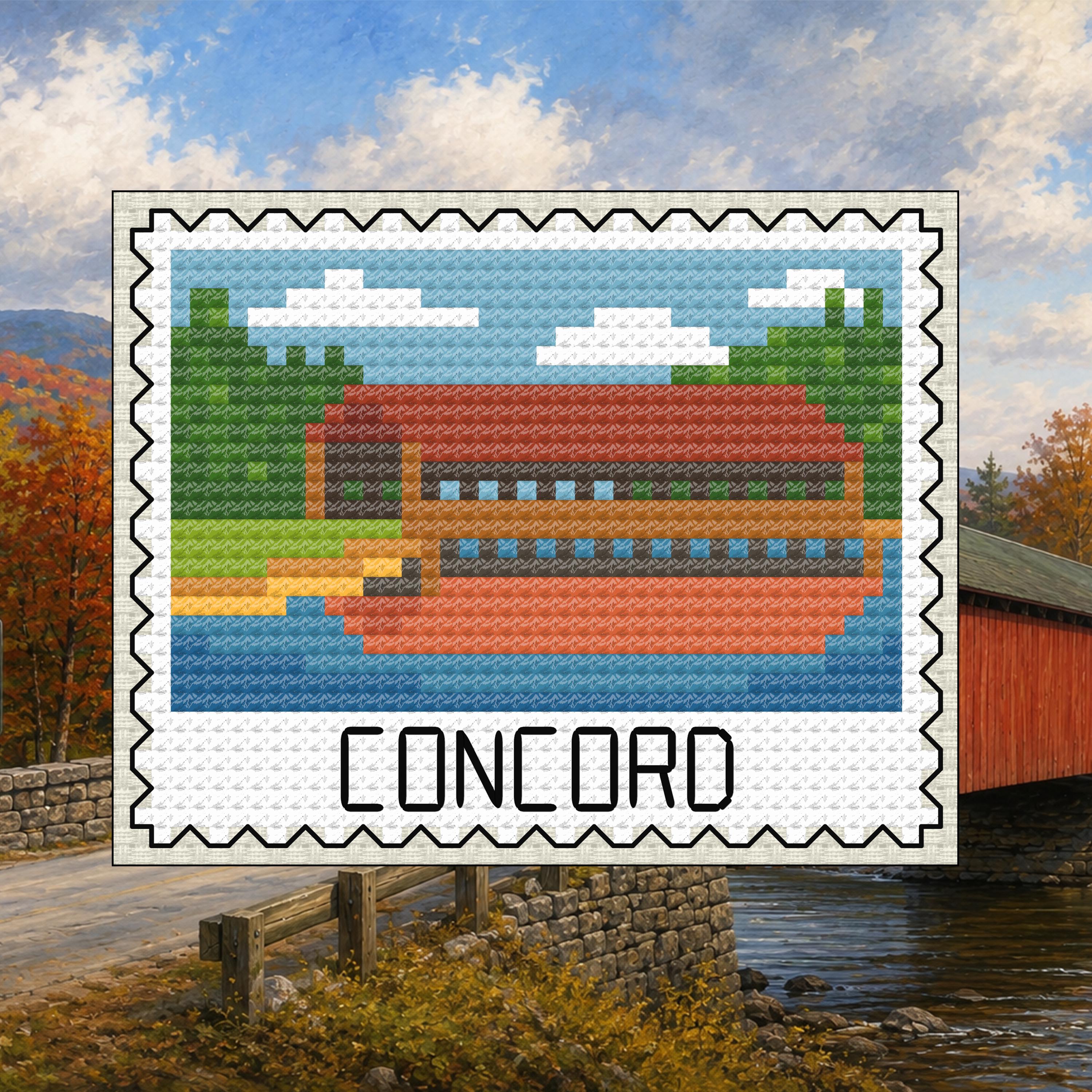 Concord Stamp - New Hampshire Covered Bridge cross-stitch pattern preview