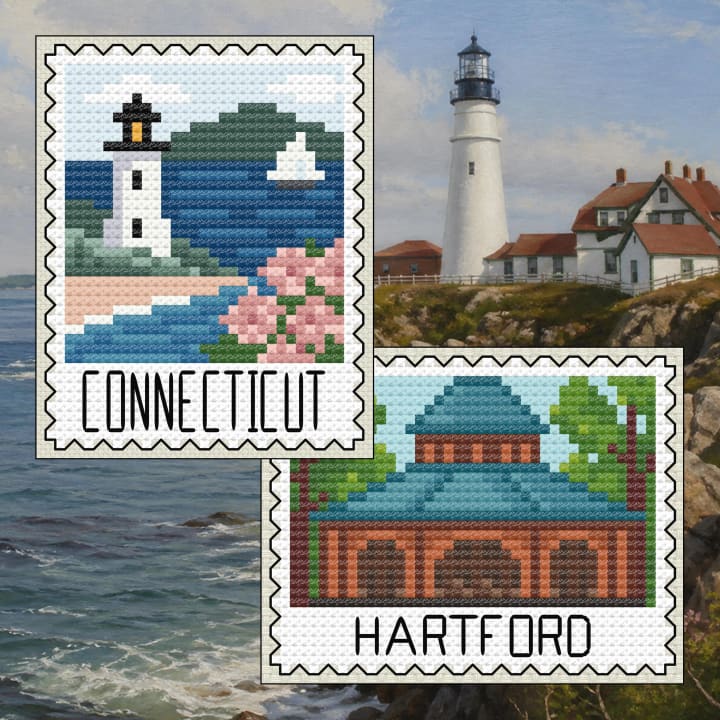 Connecticut & Hartford Stamp Bundle – State + Capital Set cross-stitch pattern preview
