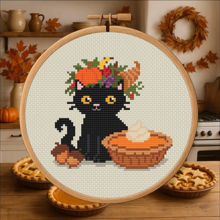Cornucopia Cat – Thanksgiving cross-stitch pattern preview