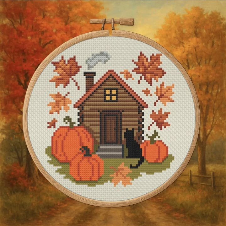 Cottage with Pumpkins – Fall cross-stitch pattern preview