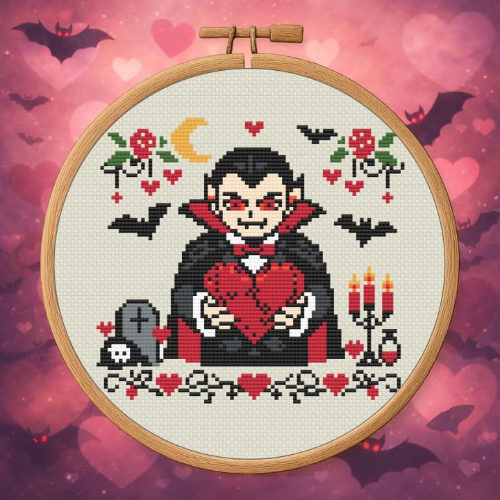 Count of Broken Hearts – Vampire Valentine cross-stitch pattern preview