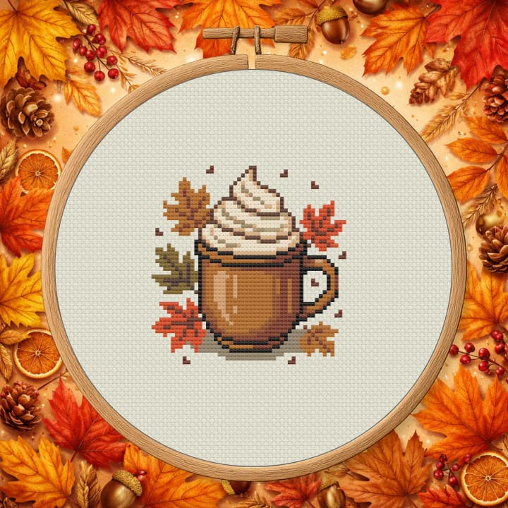 Cozy Autumn Latte Mug – Fall Coffee cross-stitch pattern preview