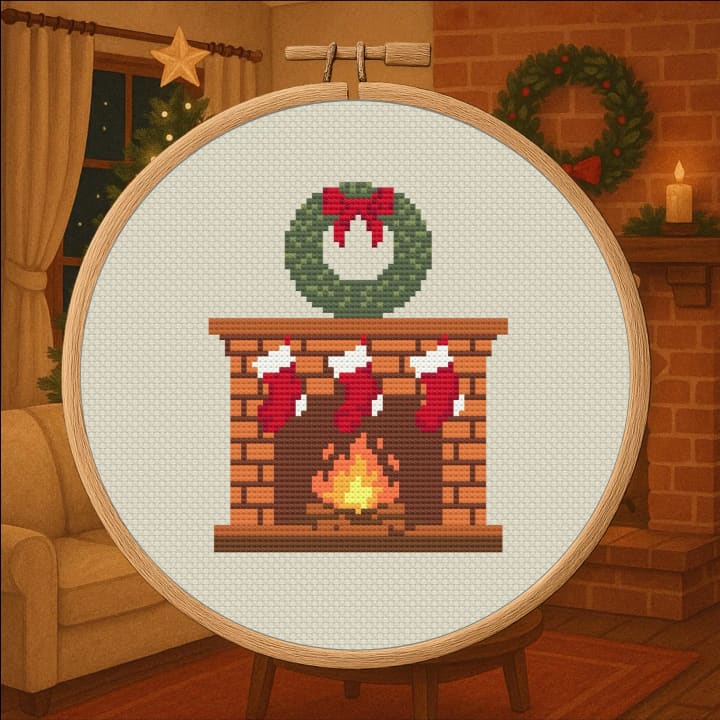 Cozy Christmas Hearth – Holiday Fireplace cross-stitch pattern preview