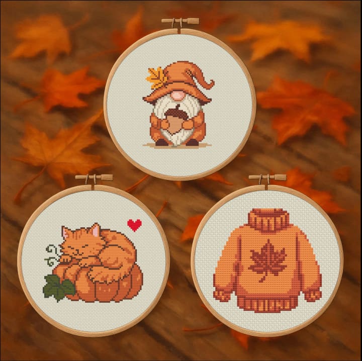 Cozy Fall Stitch Trio – 3 Autumns – Bundle cross-stitch pattern preview