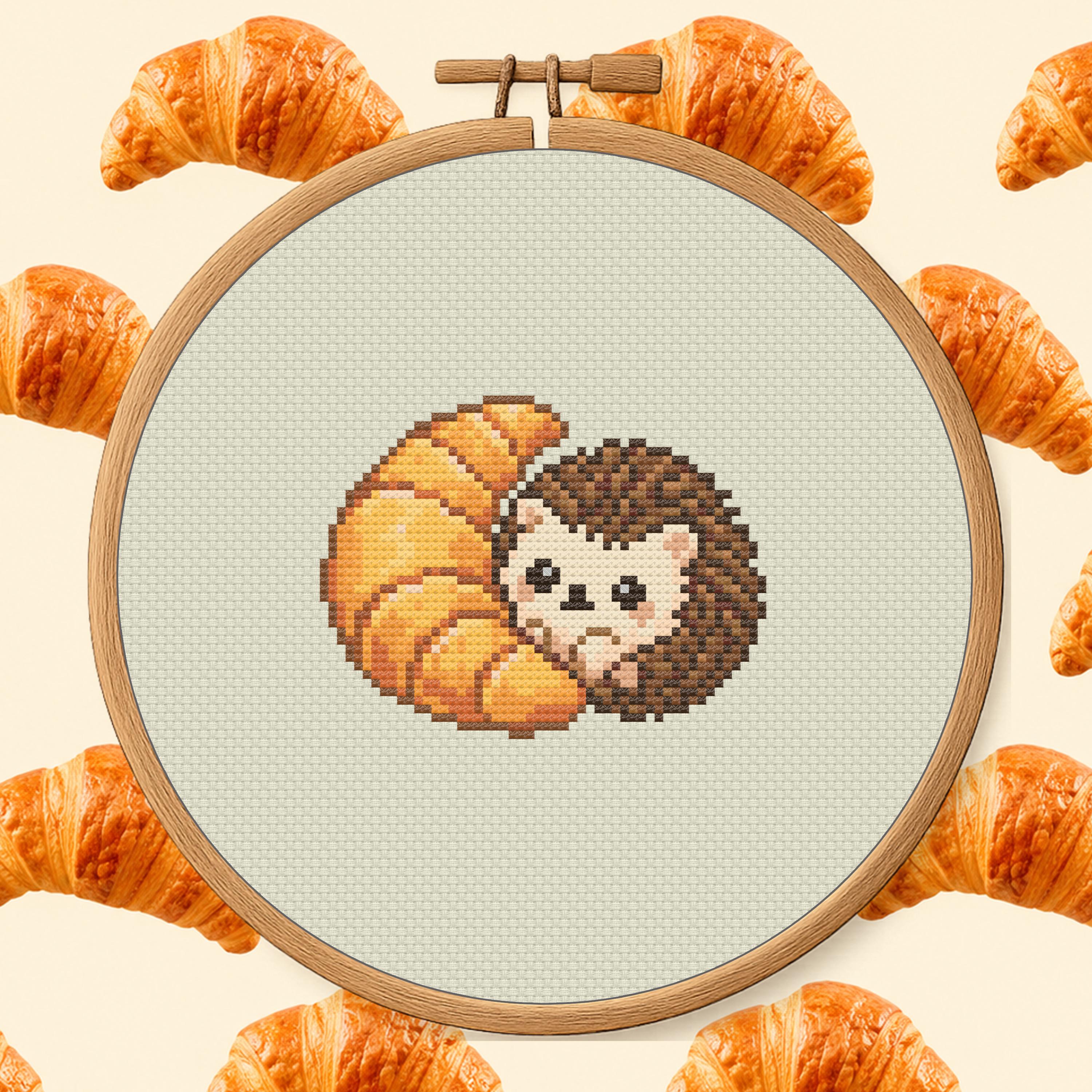 Croissant Hedgehog Cross Stitch Pattern PDF - Cute Food Animal Mini cross-stitch pattern preview