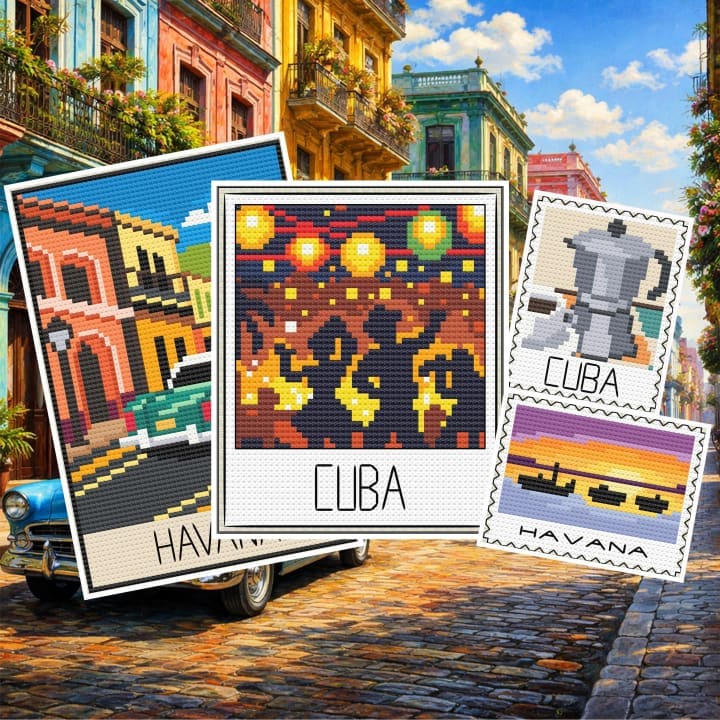 Cuba Travel: Havana Stamp, Coffee Stamp cross-stitch pattern preview
