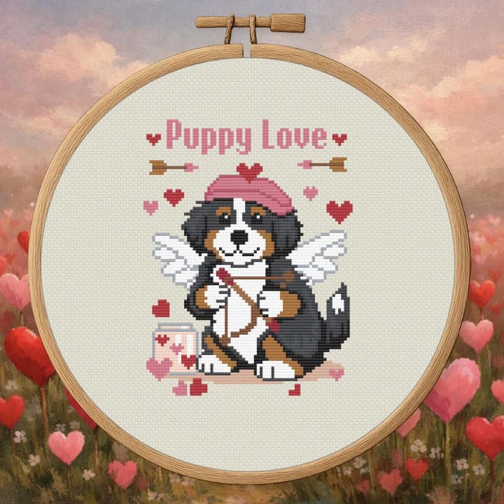 Cupid Pup Bernedoodle – Puppy Love Valentine cross-stitch pattern preview