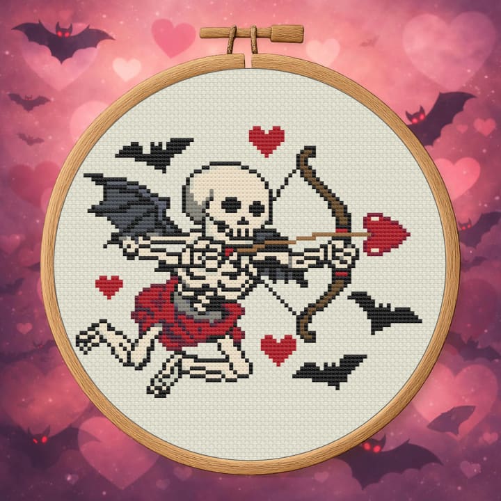 Cupid’s Final Shot – Dark Cupid Skeleton cross-stitch pattern preview