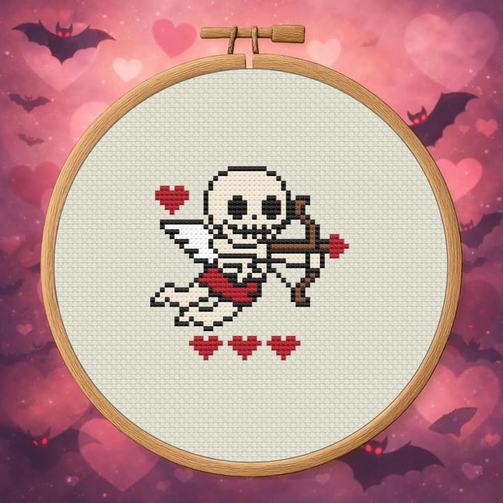Cupid’s Last Arrow – Skeleton Cupid cross-stitch pattern preview