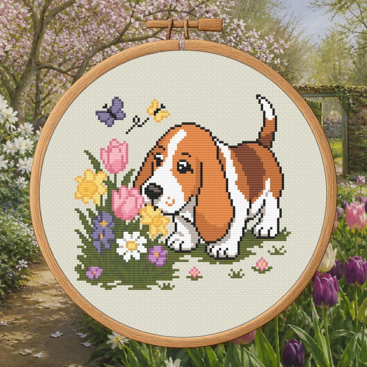 Curious Garden Hound – Basset Hound Flower cross-stitch pattern preview