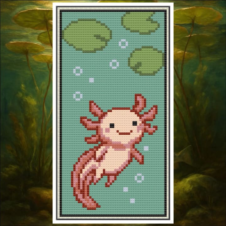 Cute Axolotl Bookmark – Adorable Aquatic Bookmark cross-stitch pattern preview