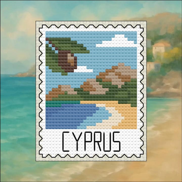 Cyprus Stamp: Mediterranean Coast & Mountains cross-stitch pattern preview