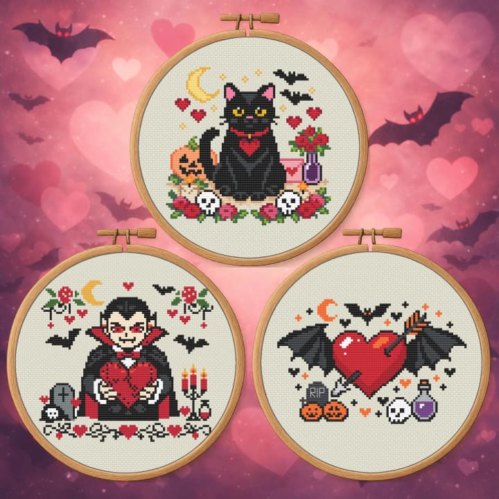 Dark Valentine Cross Stitch Bundle – Spooky Cat Familiar, Vampire & Bat-Wing Heart Patterns cross-stitch pattern preview