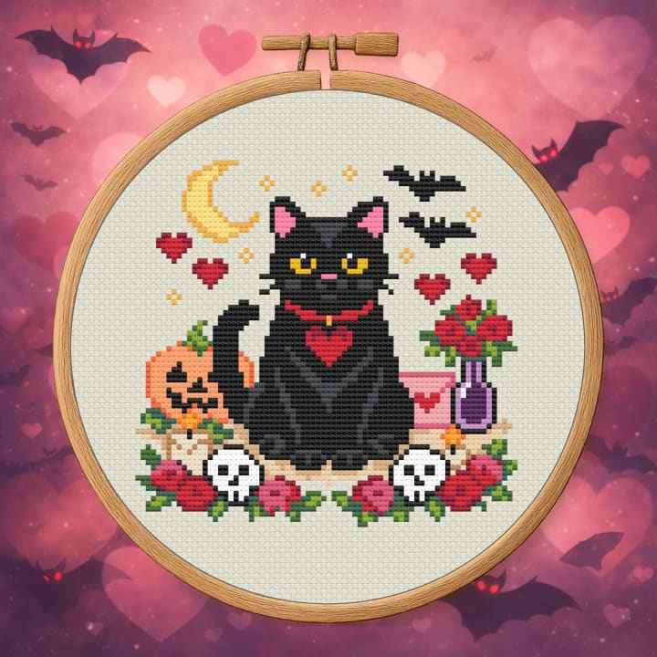 Dark Valentine Familiar – Spooky Cat Valentine cross-stitch pattern preview