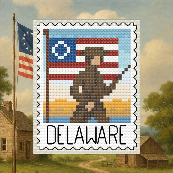 Delaware: US State Stamp, Colonial Minuteman cross-stitch pattern preview
