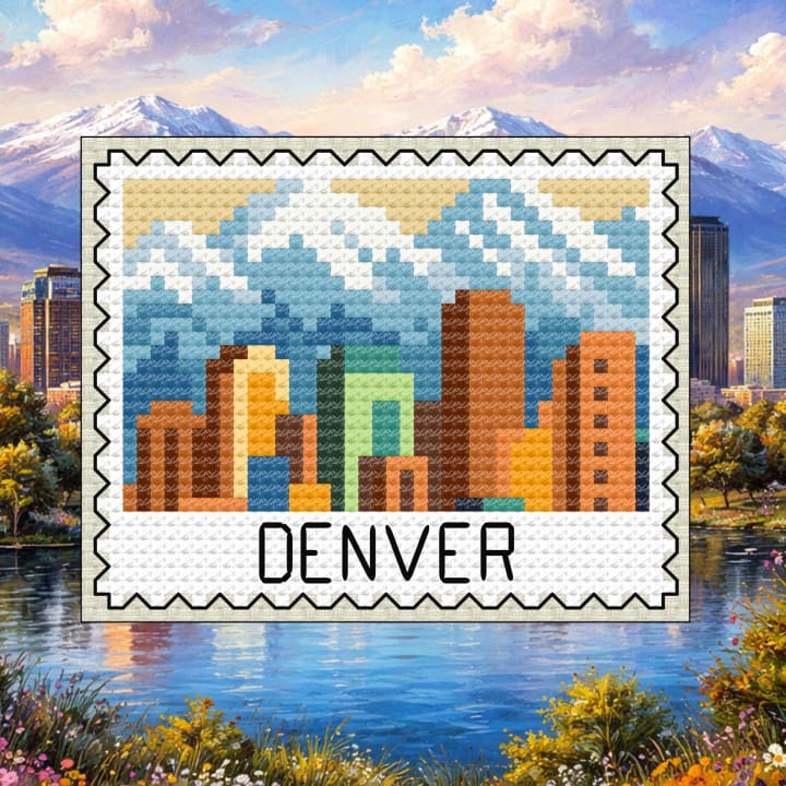 Denver Skyline & Rockies Stamp - Colorado Capitol cross-stitch pattern preview