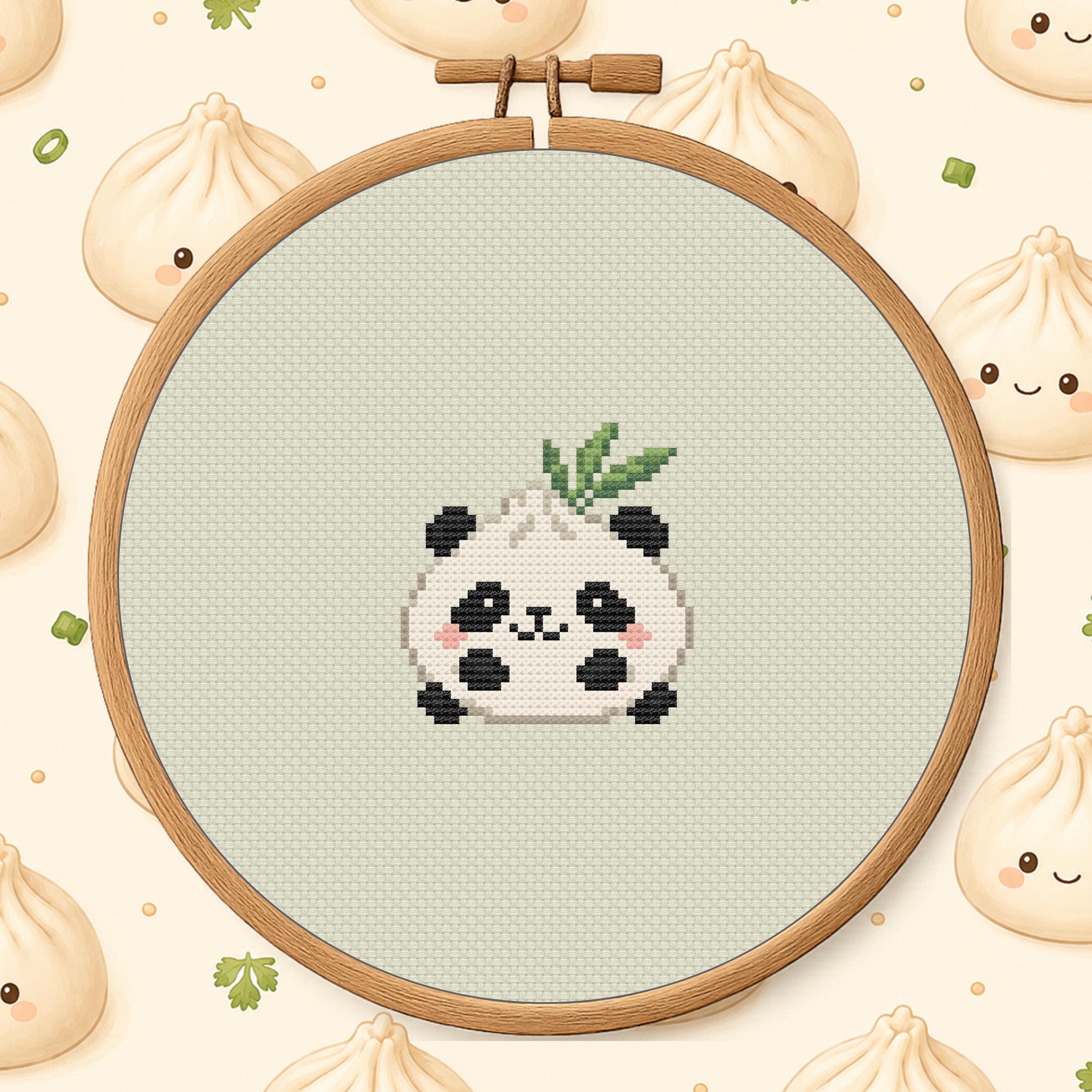 Dumpling Panda Cross Stitch Pattern PDF - Cute Food Animal Mini cross-stitch pattern preview