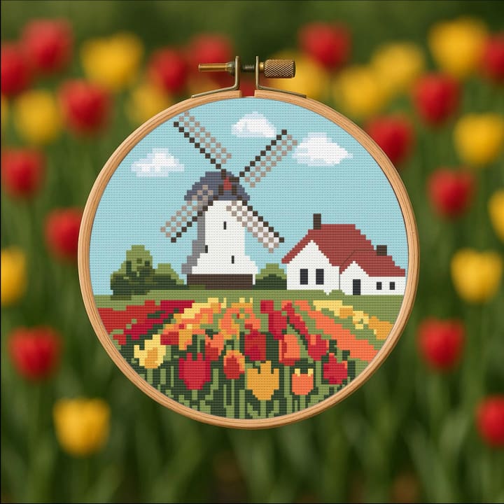Dutch Windmill & Tulip Field - Spring Needlework cross-stitch pattern preview