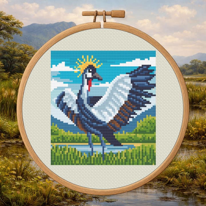 East African Wetlands Scene – Crowned Crane cross-stitch pattern preview