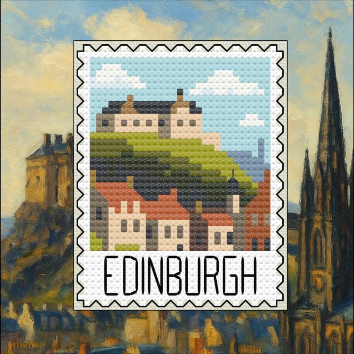 Edinburgh Evenings – Edinburgh Castle – European Postage Stamp Series cross-stitch pattern preview