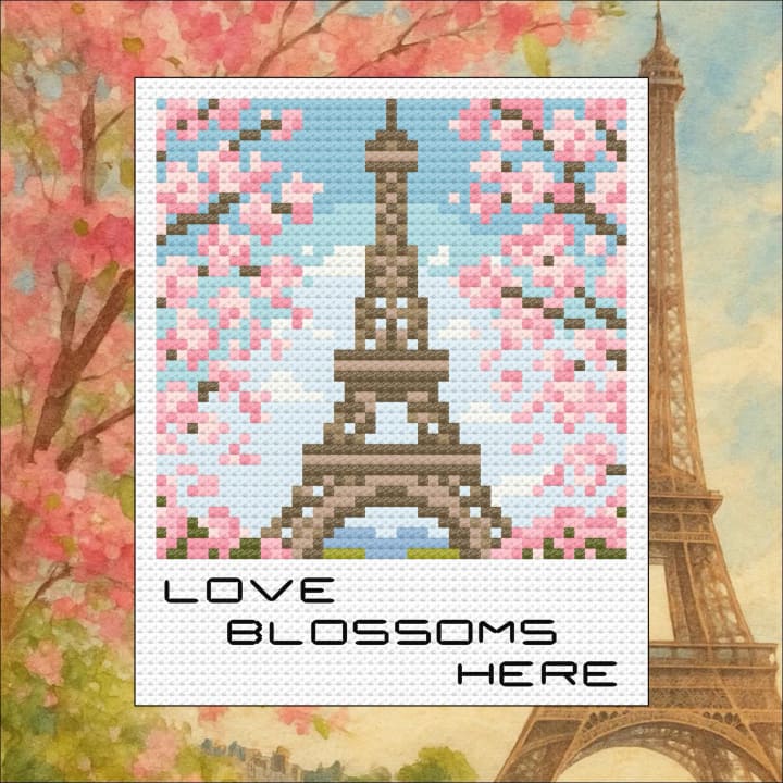 Eiffel Tower: Paris Spring Blossoms Travel Snapshot cross-stitch pattern preview
