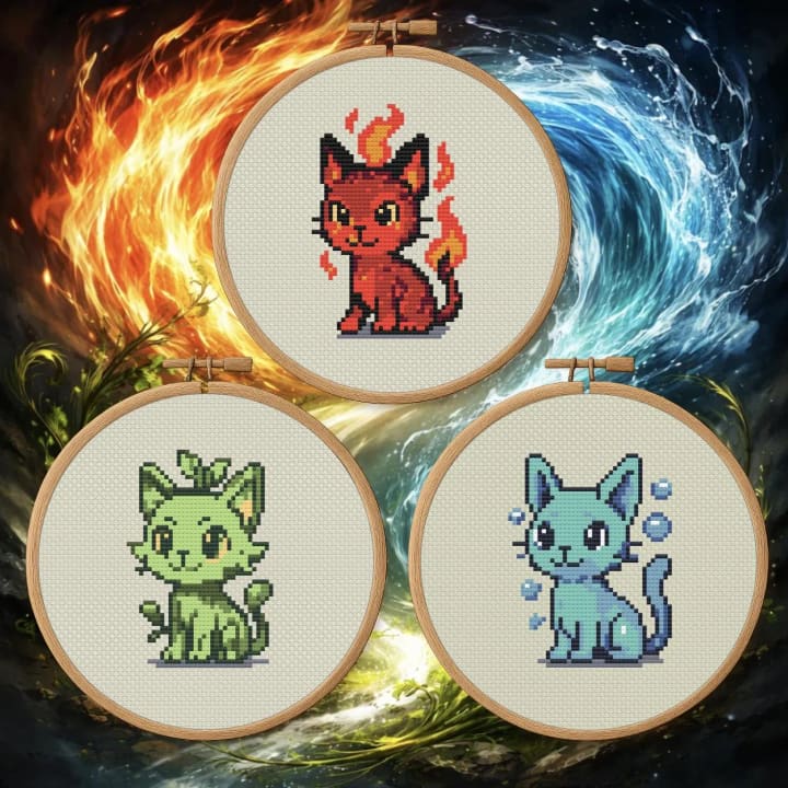 Elemental Cat Bundle – Fire, Grass & Waters cross-stitch pattern preview