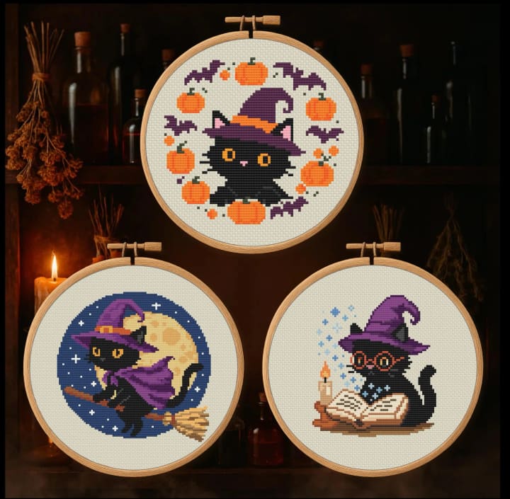 Enchanted Cats – 3 Patterns – Halloween Bundle cross-stitch pattern preview