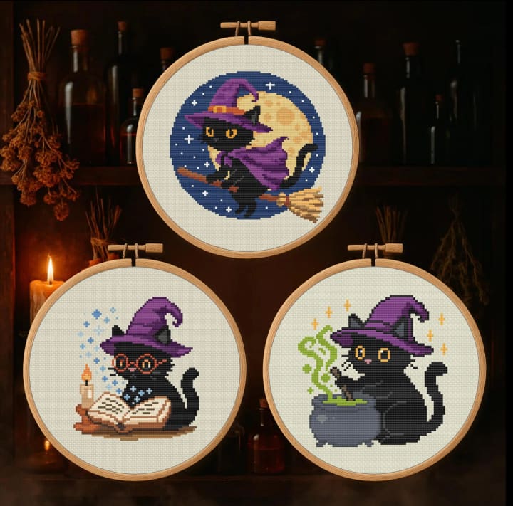 Enchanted Cats Trio – 3 Halloweens cross-stitch pattern preview