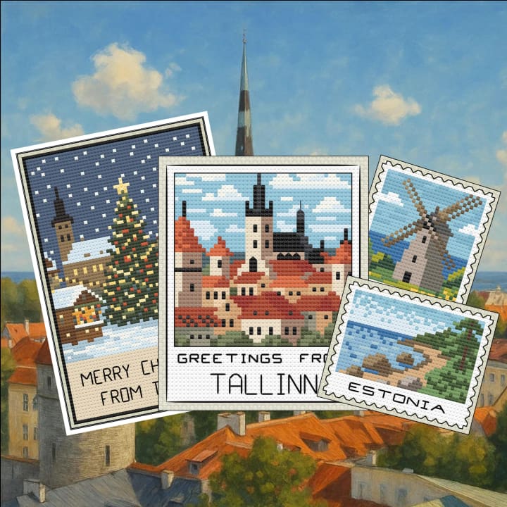 Estonia Travel Bundle – Collection (Postcard, Polaroid & Stamps) cross-stitch pattern preview