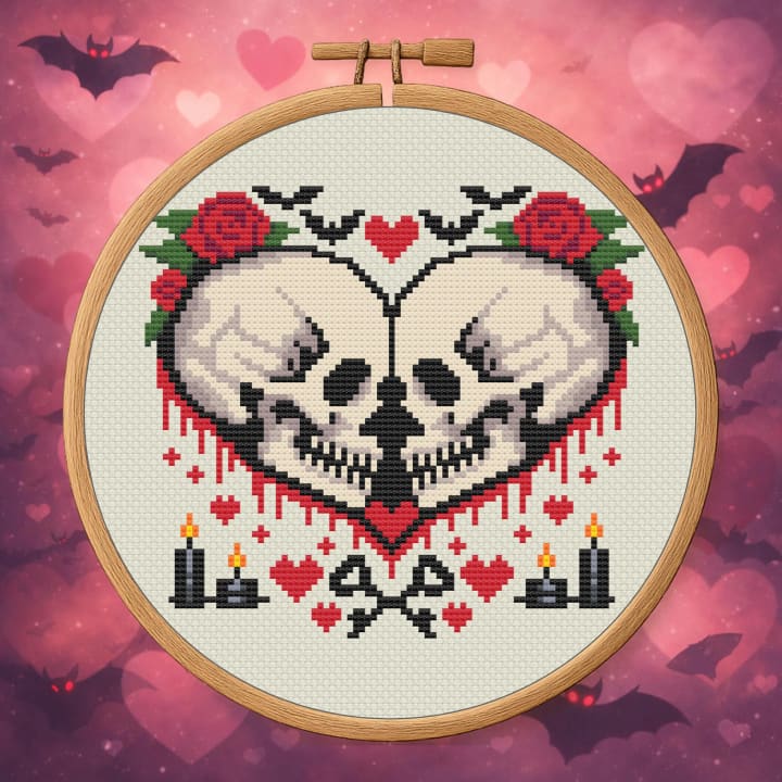 Eternal Love Skeletons – Gothic Skull Heart cross-stitch pattern preview