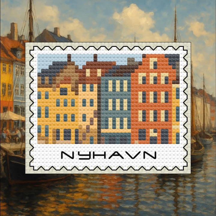 Europe Stamps – Denmark (Nyhavn) – Colorful Harbor Houses Stamp cross-stitch pattern preview
