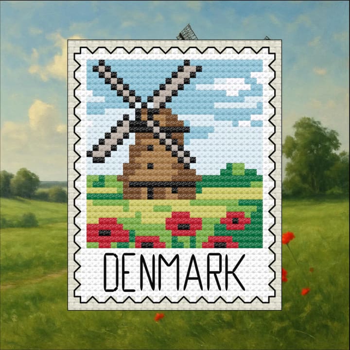 Europe Stamps – Denmark – Windmill & Poppy Fields cross-stitch pattern preview