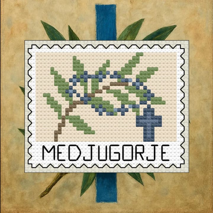 Europe Stamps – Medjugorje (Rosary & Olive Branch) cross-stitch pattern preview