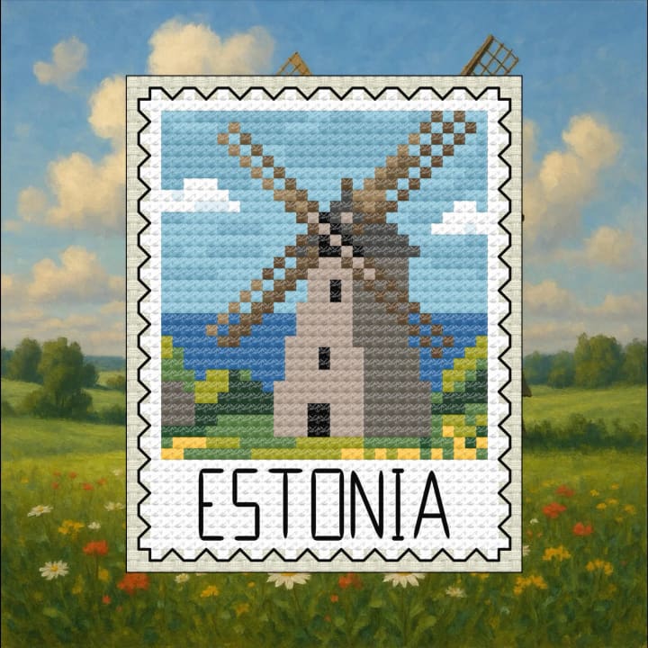 European Stamp Collection – Estonia Saaremaa Windmill cross-stitch pattern preview