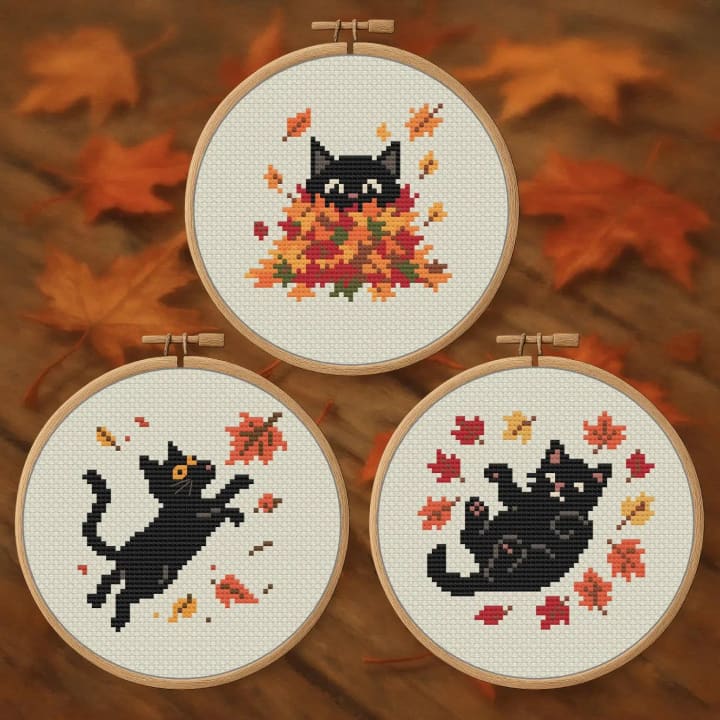 Fall Cats Trio – 3 Patterns – Autumn Cats Bundle cross-stitch pattern preview