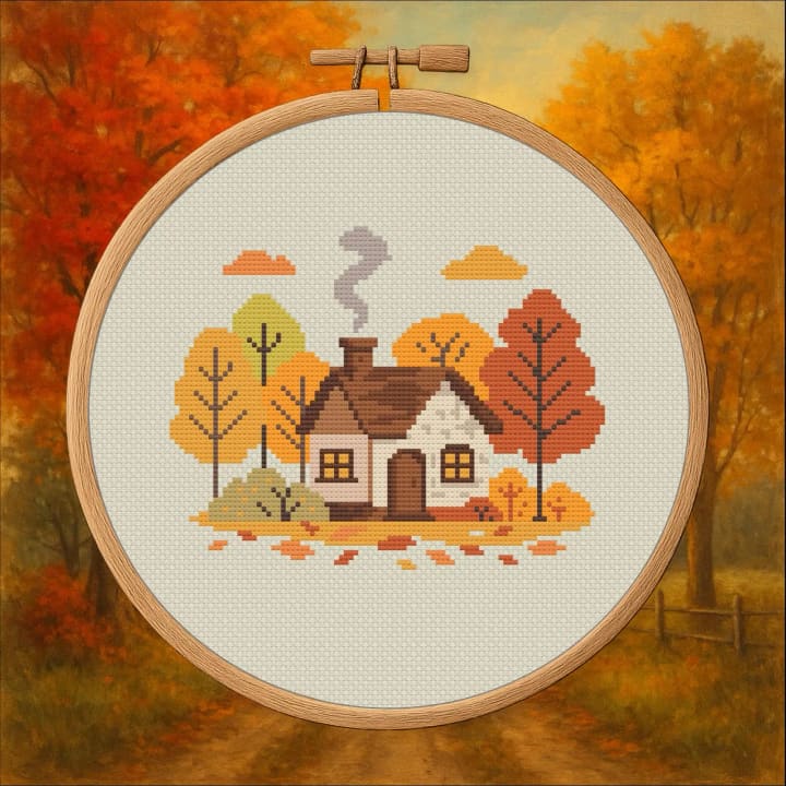 Fall Foliage Cottage – Fall cross-stitch pattern preview