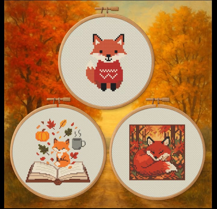 Fall Foxes Bundle - Woodland Designs Trio cross-stitch pattern preview