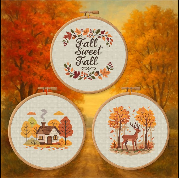 Falls: Cottage, Wreath, Stag Trio cross-stitch pattern preview