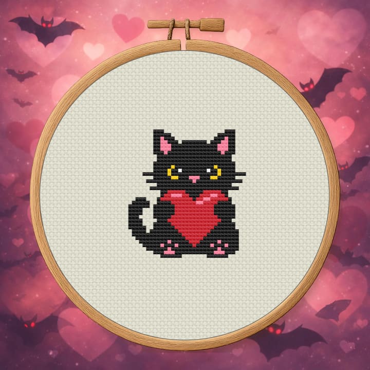 Familiar of Forbidden Love – Black Cat Heart Valentine cross-stitch pattern preview