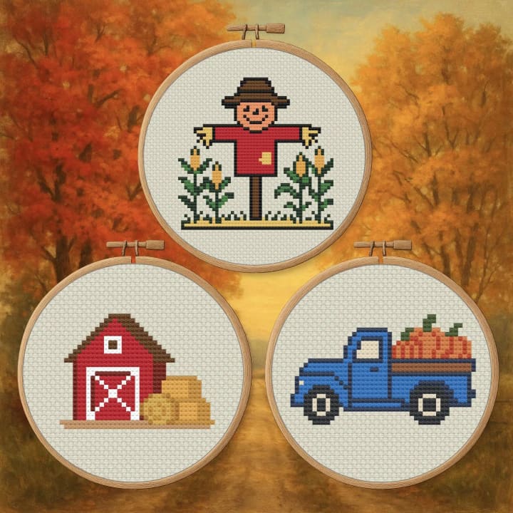 Farm Trio – 3 Patterns – Barn, Truck & Scarecrow – Fall cross-stitch pattern preview