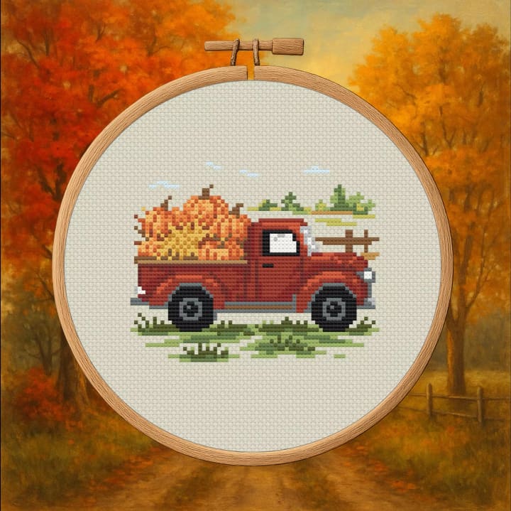 Farmhouse Harvest – Red Truck with Pumpkins Cross Stitch cross-stitch pattern preview