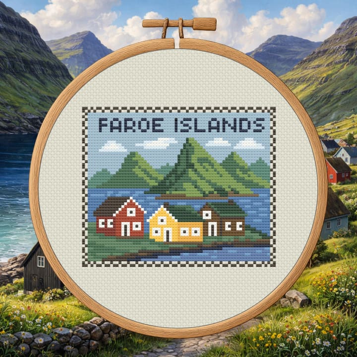 Faroe Islands Village – Nordic Coastal Landscape cross-stitch pattern preview