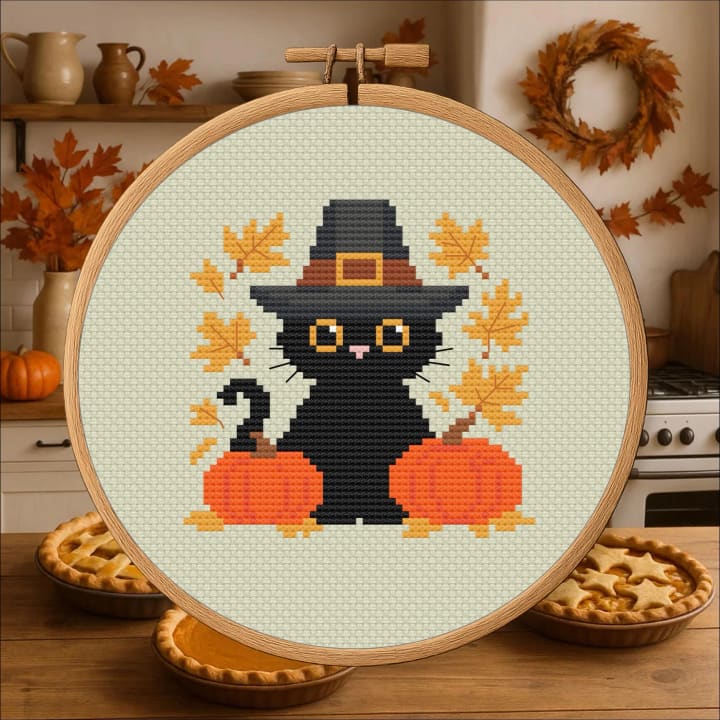 Festive Cat with Pumpkins – Thanksgiving cross-stitch pattern preview
