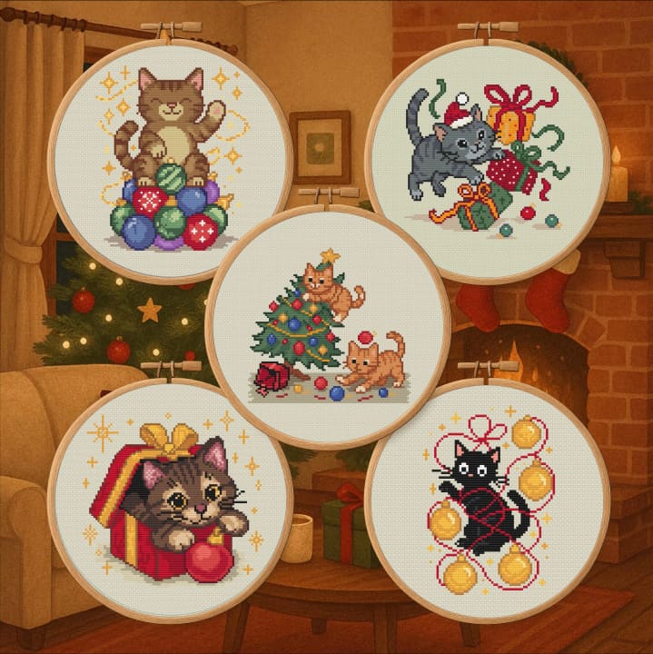 Festive Feline Collection – Mischievous Christmas Cats cross-stitch pattern preview