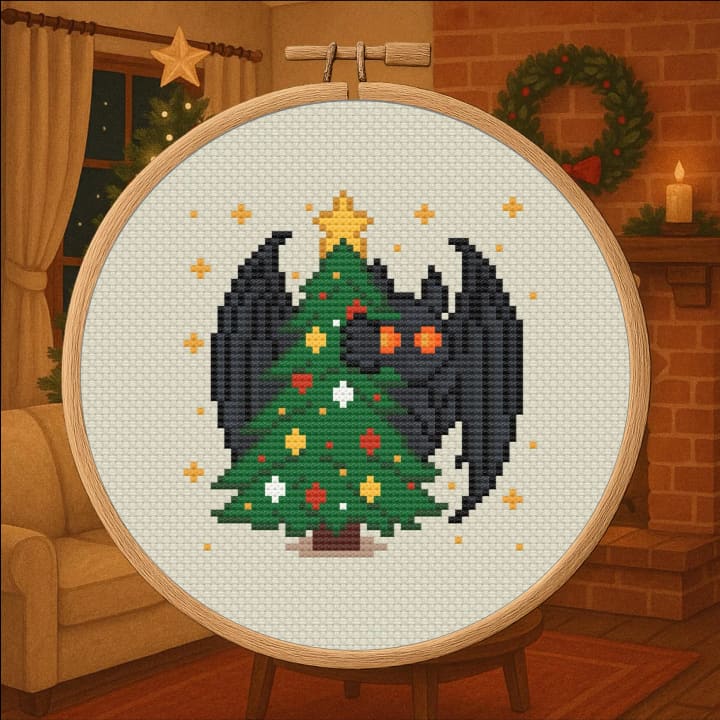 Festive Mothman – Christmas Cryptid Cross Stitch cross-stitch pattern preview